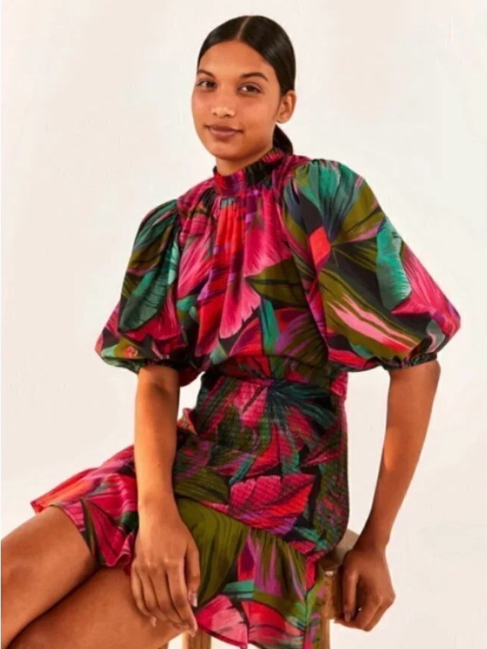 Anthropologie Farm Rio Floral Puff-Sleeve Mini Dress in Fuchsia and Green - Picture 1 of 3